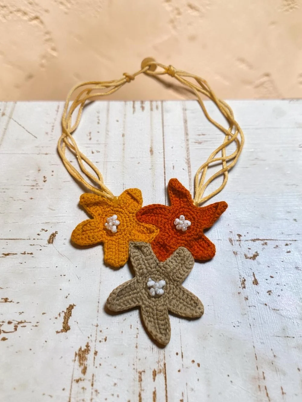 Handmade Crochet Flower Necklace in Mustard, Orange & Taupe
